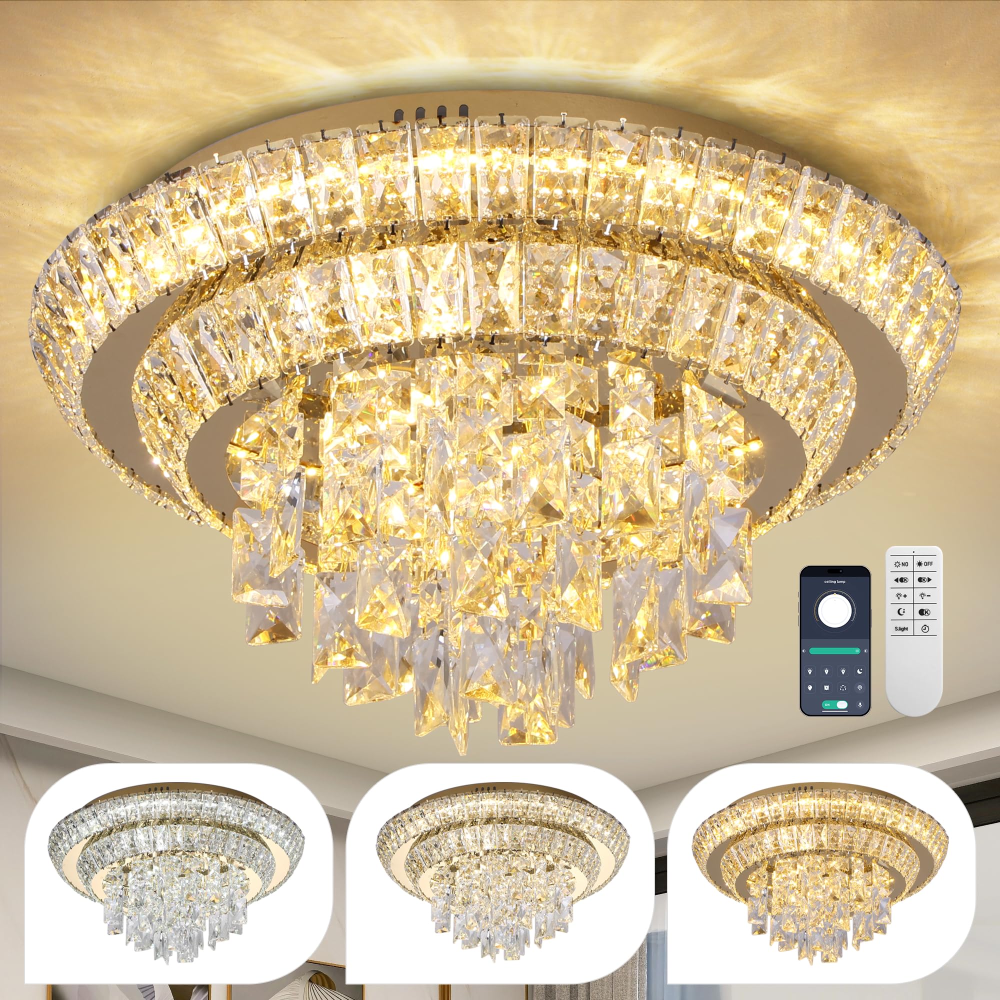 18 inch Flush Mount Crystal Chandeliers Gold, Modern Elegant
